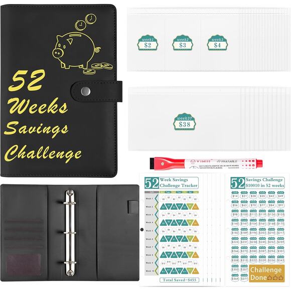 Save $10,010 w/ 52 Week Money Saving Challenge Binder w/Cash Envelopes Trackers - Picture 1 of 6